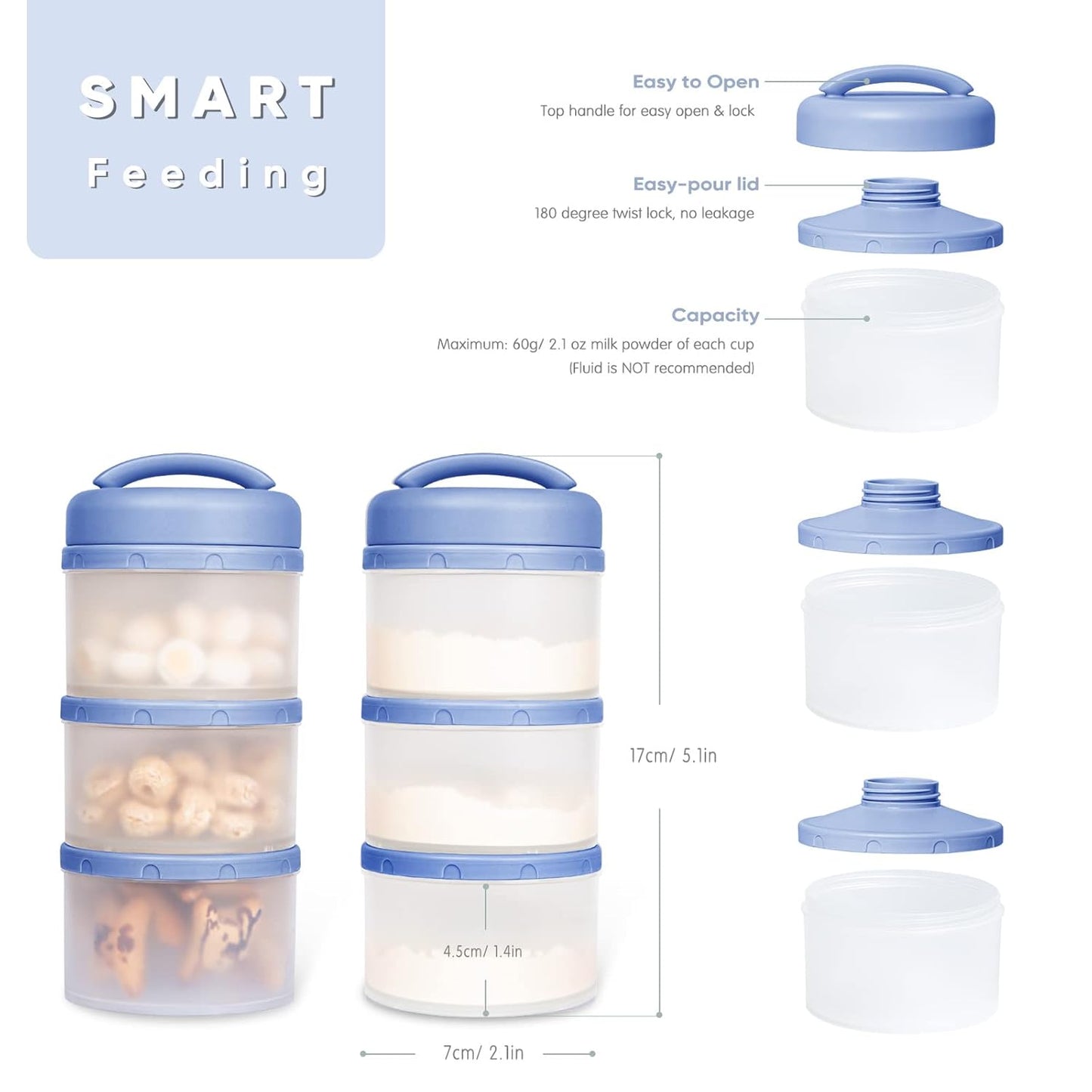 Termichy Stackable Formula Dispenser Portable Milk Powder Container, 2 Pack, Blue