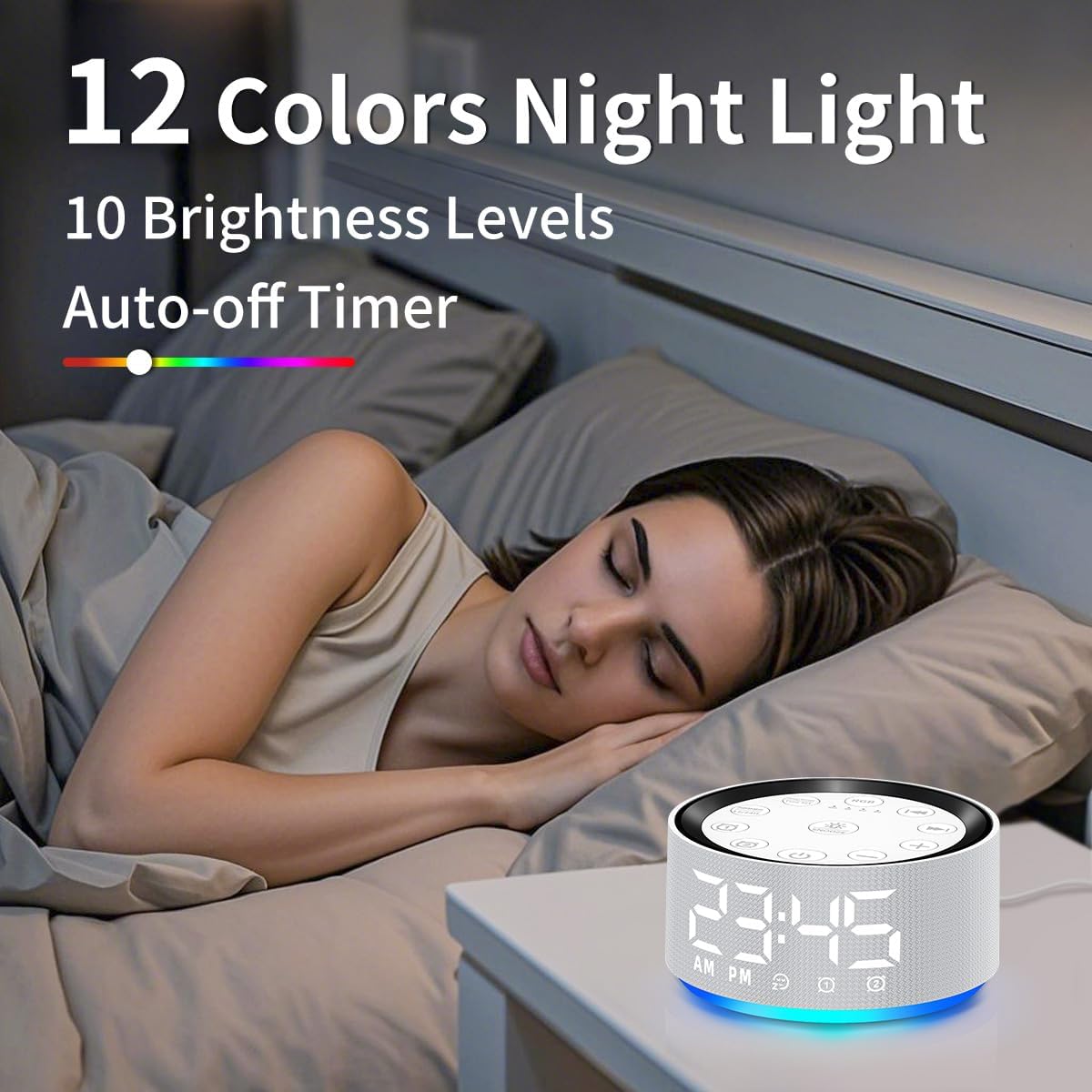 Brown Noise Machine Alarm Clock Sound White Noise Machine Night Light with 30 Sleeping Sounds for Baby Kids Adults 2 Alarms Backup Battery 32 Level Volume 15 Wake up Sounds for Mild Heavy Sleeper