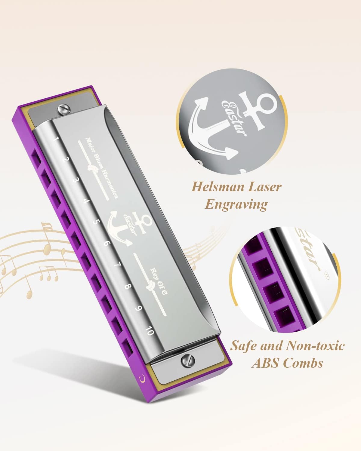 Eastar Major Blues Diatonic Harmonica, 10 Holes C Key Beginner for Kids Children Adults Students, with Hard Case and Cloth, Purple