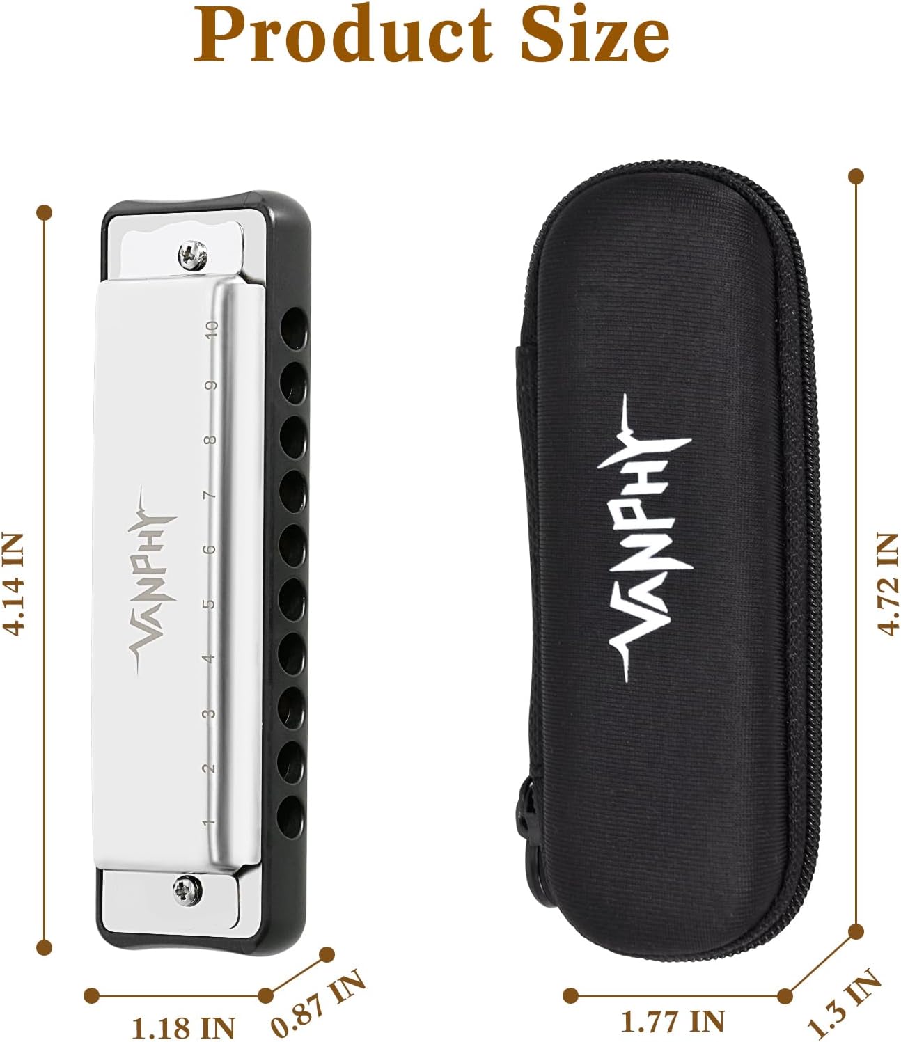 Harmonica 10 Hole Diatonic Blues Harmonica Key of C Rounded Holes Blues Harmonicas with Black Case for Adults Professionals Beginners and Students as a Gift（Sliver）