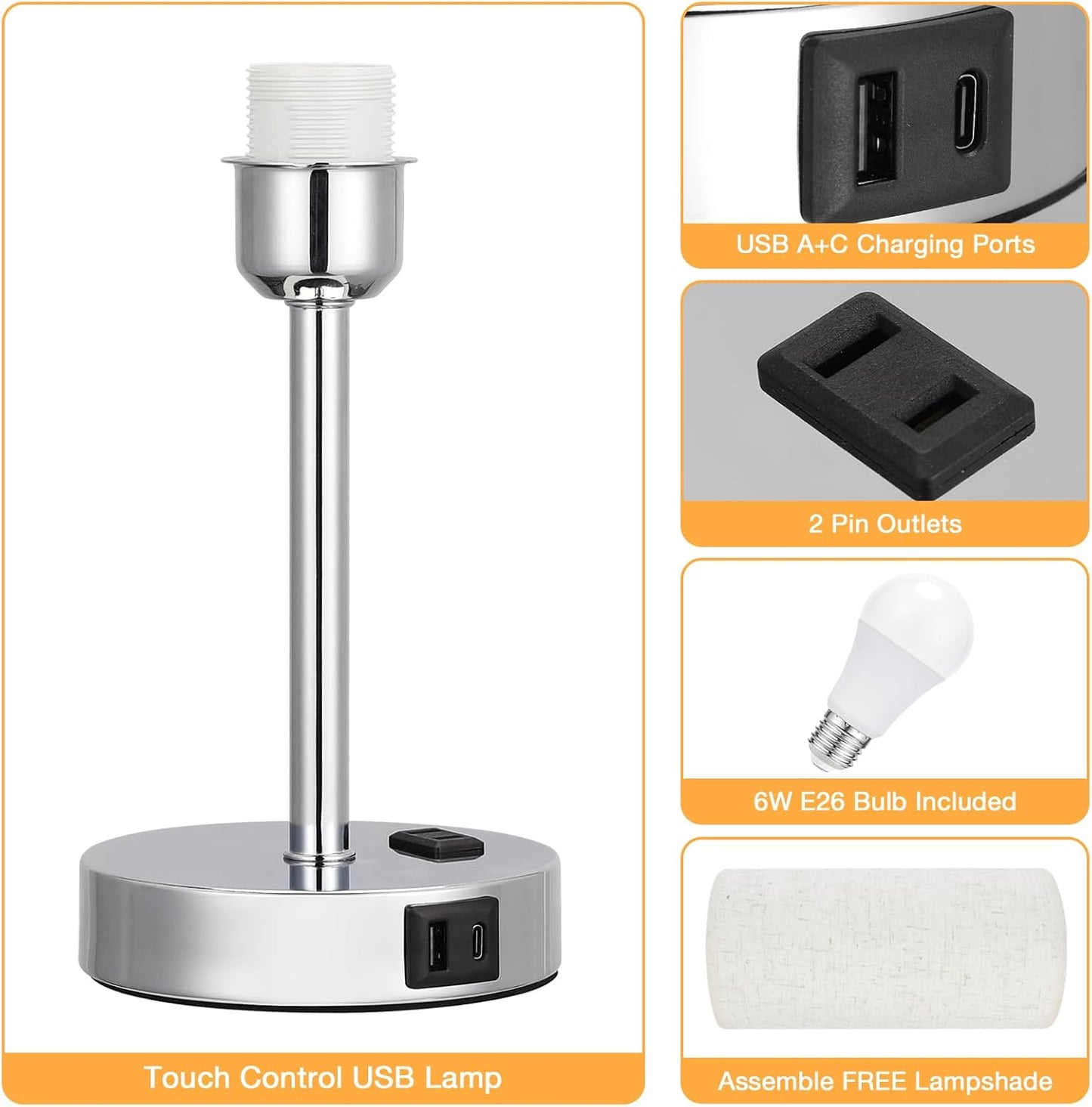 17.4Inch Bedside Touch Table Lamps for Bedroom Nightstand with USB-C USB-A Charging Ports White - 3 Way Dimmable Control Small Lamp Fabric Shade Silver Base for Office, Dorm Room, Living Room, Reading