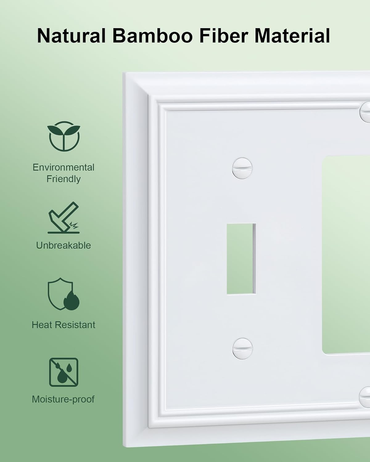 2-Pack Combo Toggle/Decorator Light Switch Cover Plate, Pure White Decorative Electrical Outlet Covers, Durable Natural Bamboo Fiber Switch Plates and Outlet Covers, Corrosion Resistant