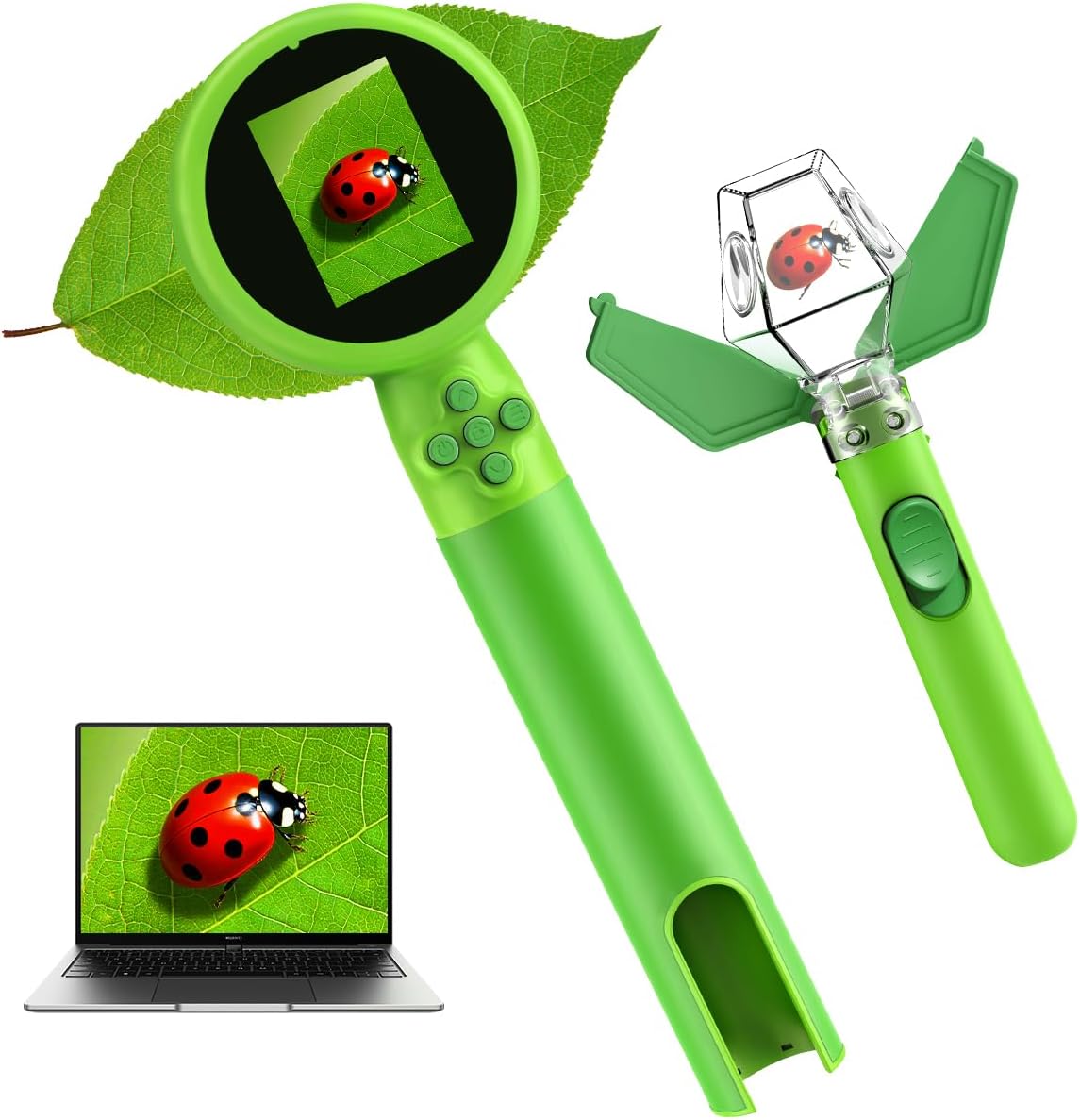 Kids Microscope with Bug Catcher Kit, 1080P Digital Mini Handheld Microscope STEM Science Toy with LED Light, Rechargeable, Portable, Supports 64GB TF Card, Educational Gift for Kids Ages 3-12 (Green)
