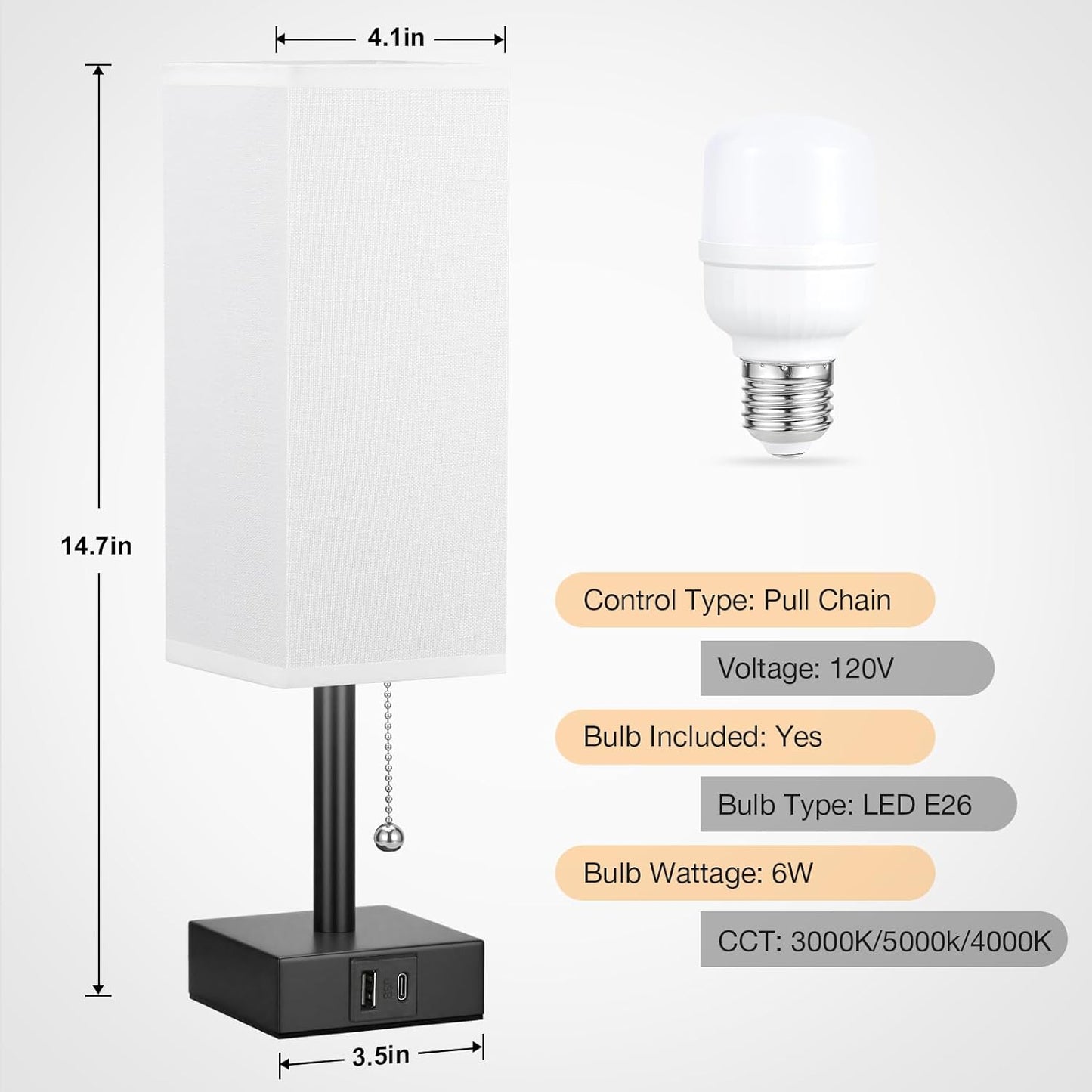 White Small Table Lamp for Bedroom - 3 Color Temperature 3000K 5000K 4000K Bedside Lamp, Pull Chain Control, USB A and C Charging Ports, Black Base, for Kids Office Dorm Nightstand, Bulb Included