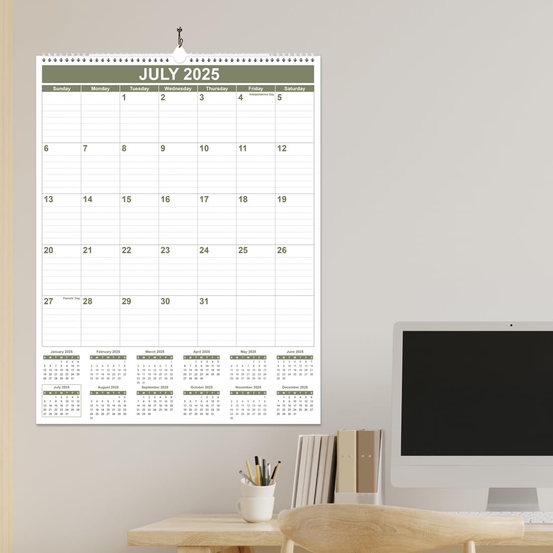 Large Calendar 2025-2026 with Spiral Bound - 18 Month Big Calendar from July 2025 to December 2026, Vertical Large Monthly Calendario 2025-2026 for Wall, 22" x 17", Cyan