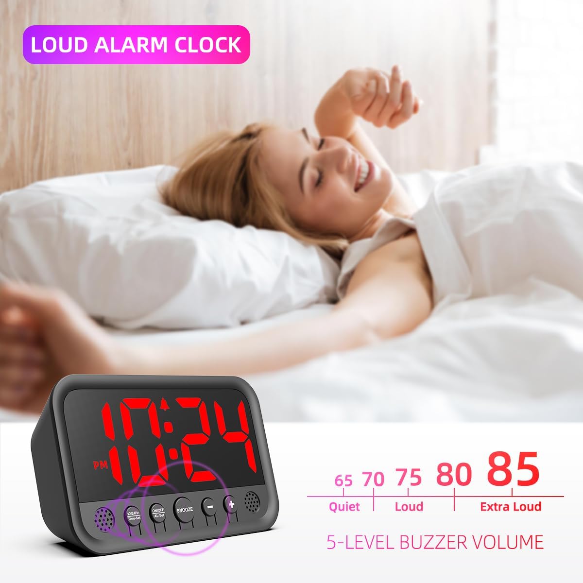 Small LED Digital Clock for Bedroom, Loud Alarm Clock for Heavy Sleepers Adults, Teens | Plug-In Electric Desk Clock | Simple Bedside Nightstand Clock with Adjustable Volume/Brightness/Snooze – Red