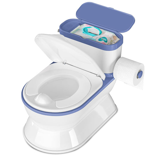 2-in-1 Toddler Potty Training Toilet - Larger Potty Chair & Detachable Training Seat for Boys & Girls Ages 1-3 with Flushing Sound, Wipes Storage, Toilet Paper Holder - Blue