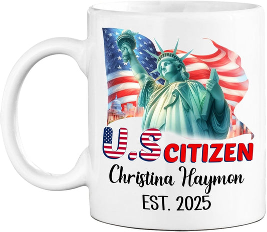 Personalized Coffee Mug Gift For US Citizen Girlfriend Boyfriend, Citizenship Celebration Gnome Ceramic Coffee Cup, Customized Year & Name American Citizen White Teacup, New US Citizenship Travel Mug