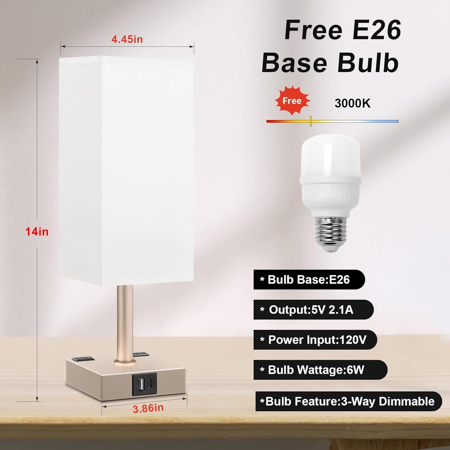 Antique White Touch Table Lamp - Mochaca Gold Bedside Lamp with USB A + Type C Charging Ports and Two AC Outlets, Small Night Stand with E26 LED Bulb, Desk Light for Bedroom Living Room Office Dorm