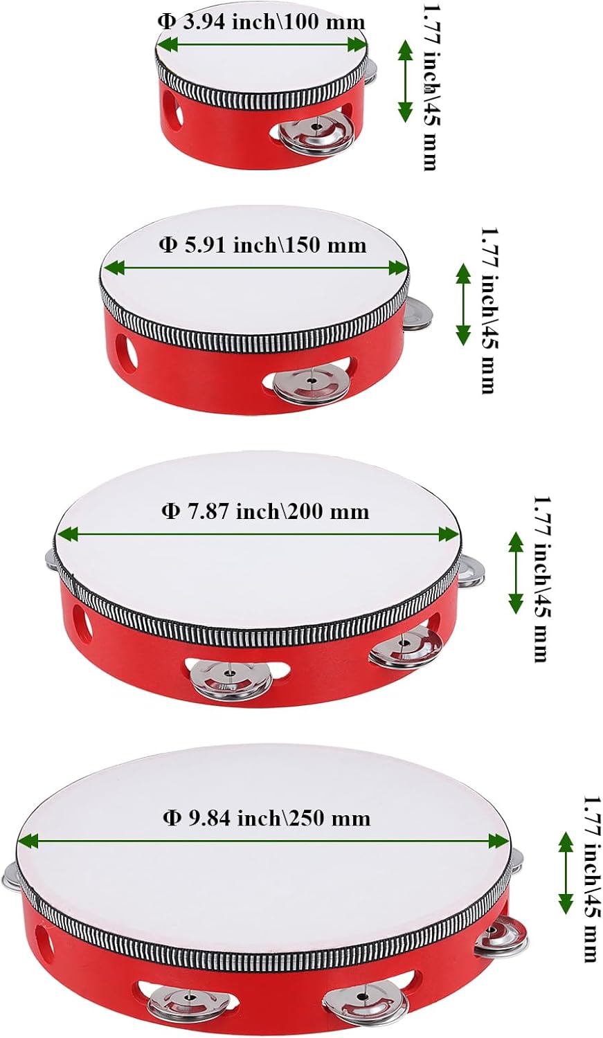 4 PCS 4" 6" 8" 10" Red Wooden Tambourine Set, Musical Instrument Tambourine Set, Handheld Drum Bell Metal Jingles Single Row Percussion for Church, Party