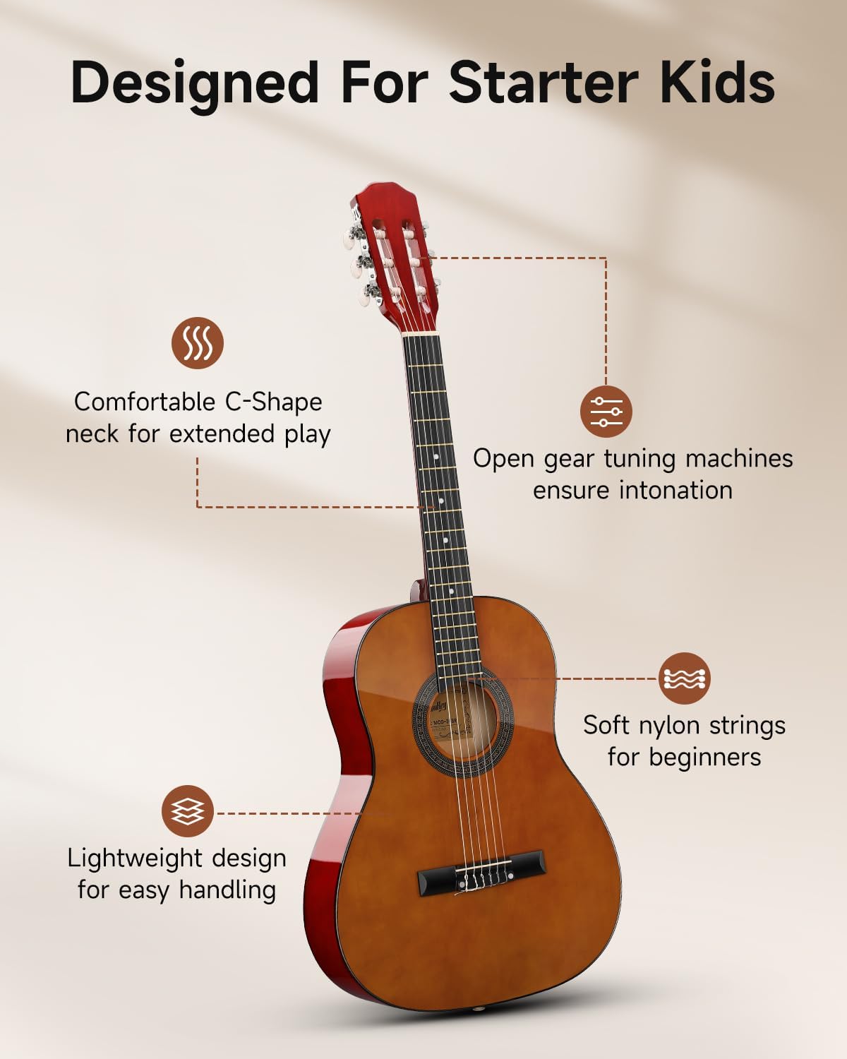 Moukey 36" Acoustic Guitar for Beginners Kids Youth 3/4 Size Dreadnought Travel Guitarra Acustica Kit with Chord Poster, Gig Bag, Tuner, Picks, Nylon Strings, Capo, Strap - Brown