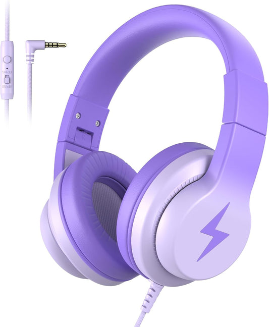 Kids Headphones, Wired Headphones for Kids Over Ear with Microphone, 85/94dB Volume Limiter Headphone for Girls Boys, Foldable Headphone for Learning & Entertainment, Gradient Deep Purple