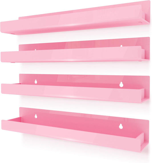4 Pack 15 Inch Pink Acrylic Shelves, Kids Floating Bookshelf for Kids Room, Modern Nail Polish Rack Sunglasses Essential Oil Picture Ledge Display Toy Storage Wall Shelf