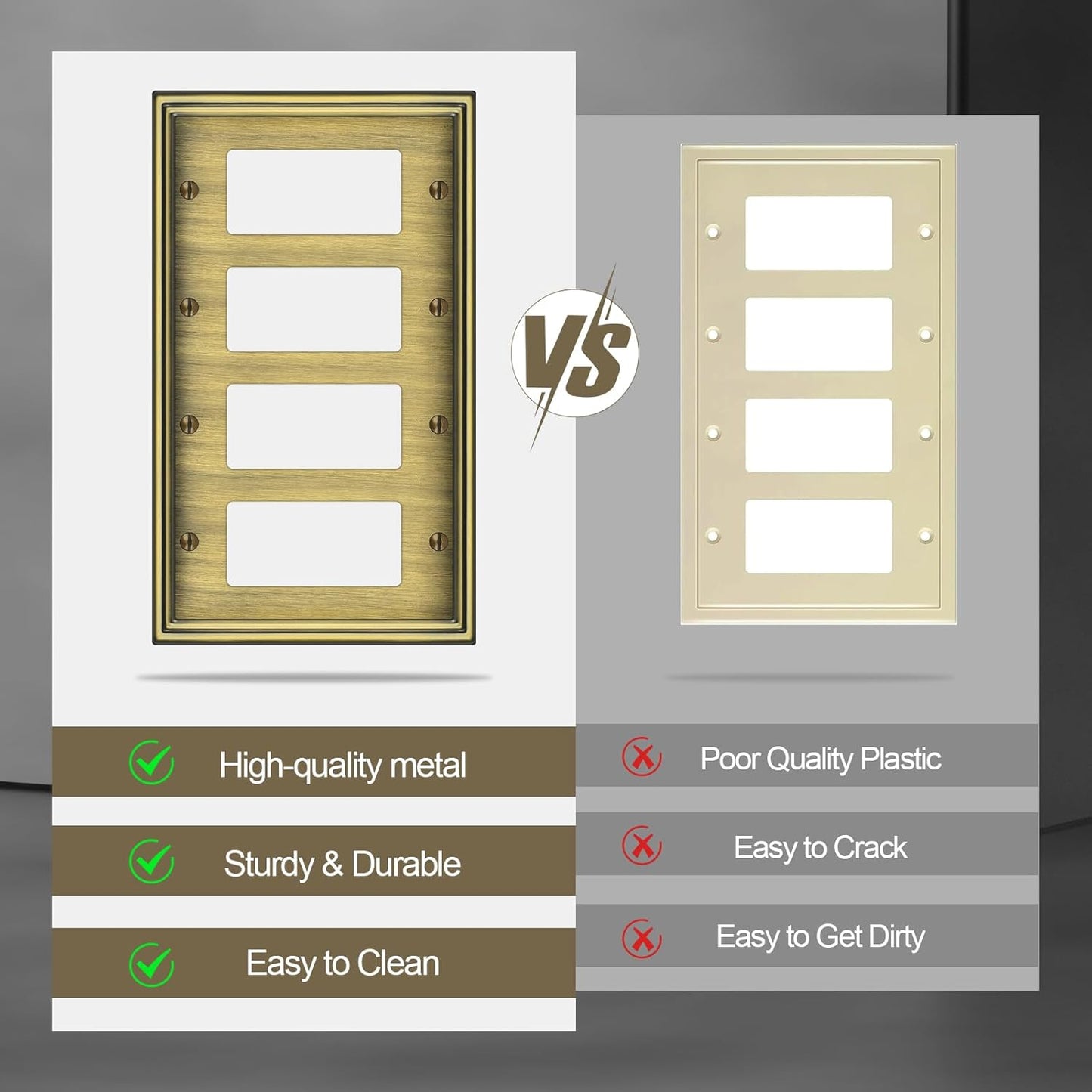 2 Pack Quad Decorator Switch Covers Wall Plate, Antique Brass Metal Material Rocker Switch Plates, 4 Gang Wall Plate for Receptacle, GFCI Outlet, Dimmer Switch - Classic Style