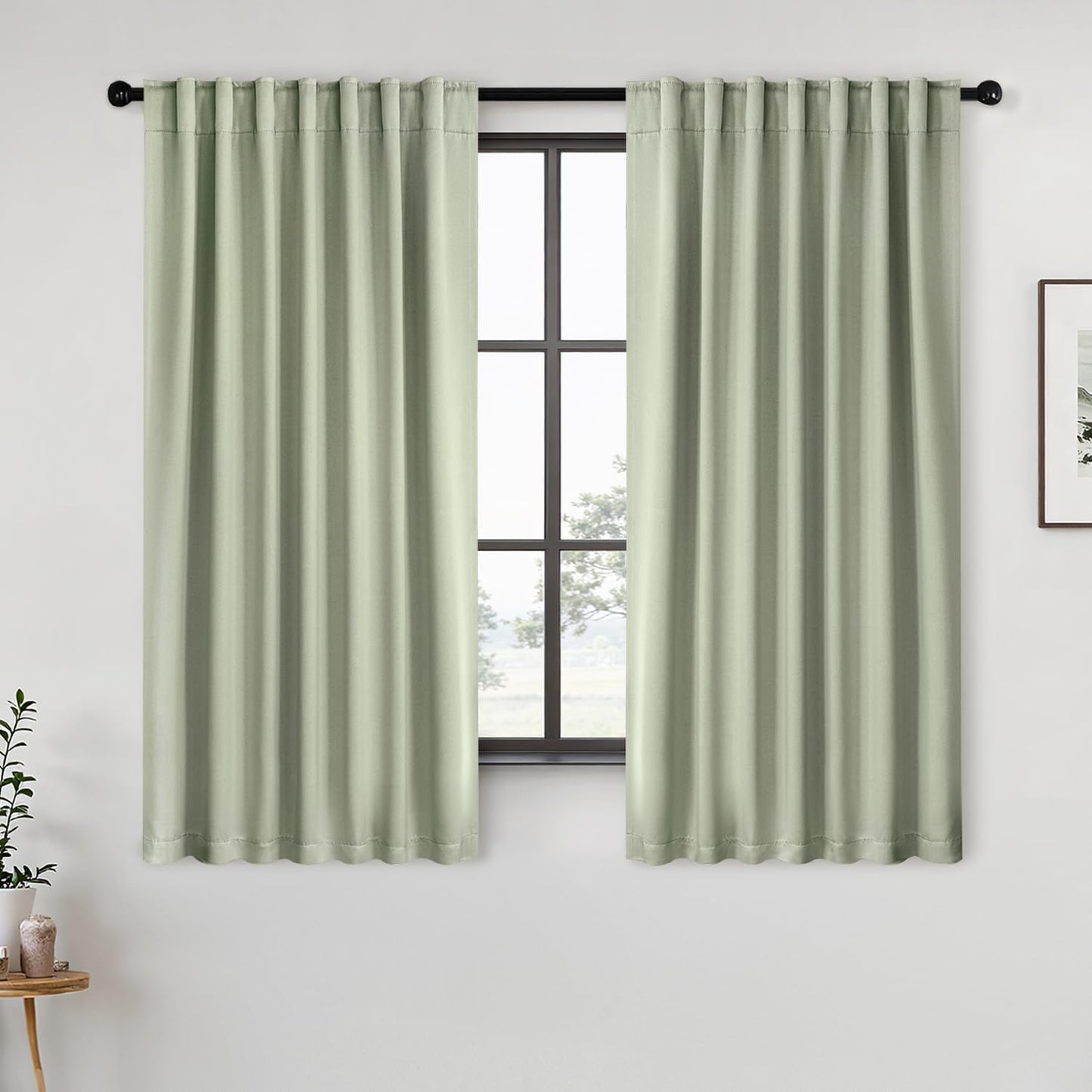 ANRODUO Back Tab Blackout Curtains for Bedroom Living Room, Rod Pocket Pinch Pleated Thermal Insulated Room Darkening Curtains 63 Inches Long 2 Panels, Sage Green, 52 x 63 Inch