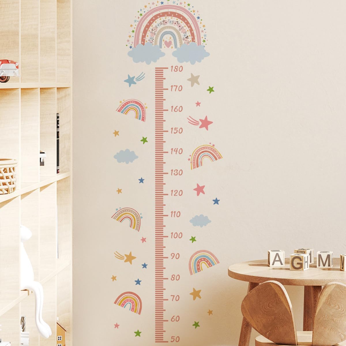 3D Cartoon Height Growth Chart for Kids - Removable DIY Pink Rainbow Wall Decal Peel and Stick Stars and White Clouds Wall Art Decor for Kids Nursery, Bedroom, Bathroom