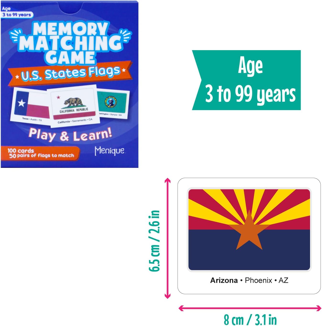 Menique U.S. States Flags Memory Matching Game – 100 Cards (50 Pairs) – Learn State Flags, Capitals & Abbreviations – Educational Card Game for Kids and Adults