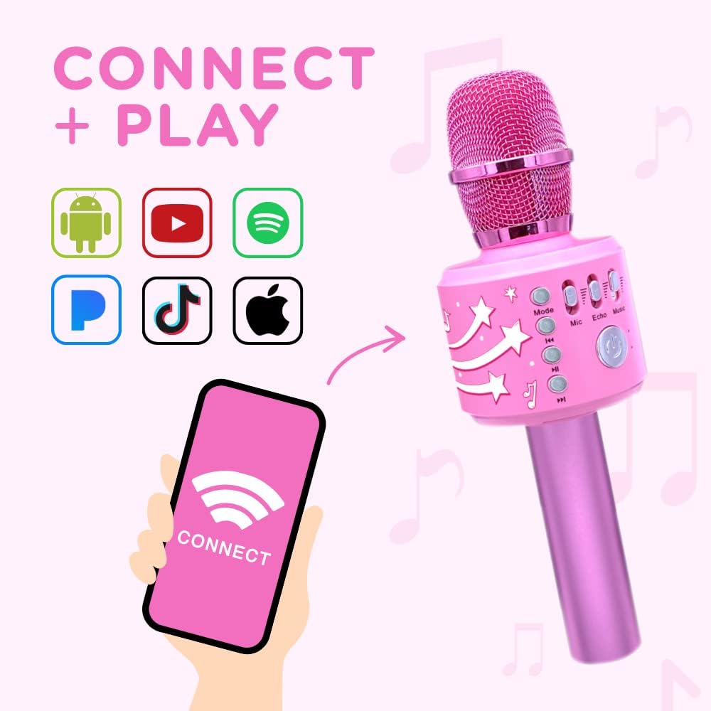 Move2Play, Kids Karaoke Microphone | Includes Bluetooth & Pre-Loaded Songs | Birthday Girls Present for All Ages, 2, 3, 4, 5+ Year Old Girls, Boys & Toddlers (All Pink)