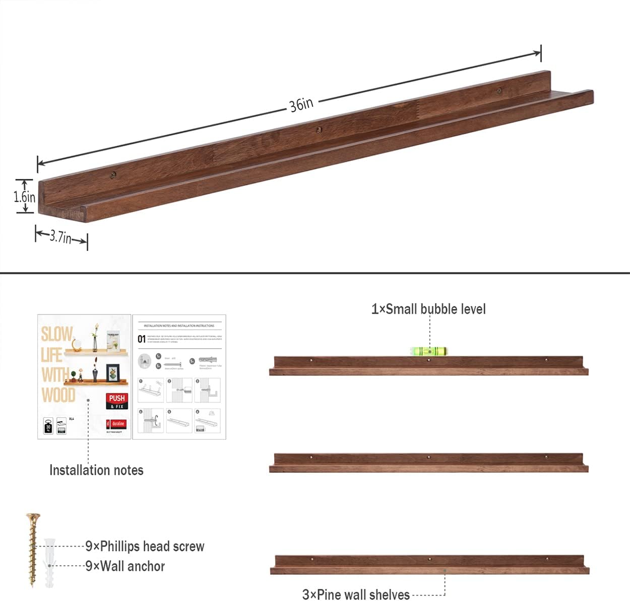 36 Inch Picture Ledge Shelf Rustic Wall Mount Light Walnut Long Narrow Picture Shelves Storage for Books Toys Music Albums Green Plants-Photo Ledge Shelf Set of 3 Mounting Hardware Include