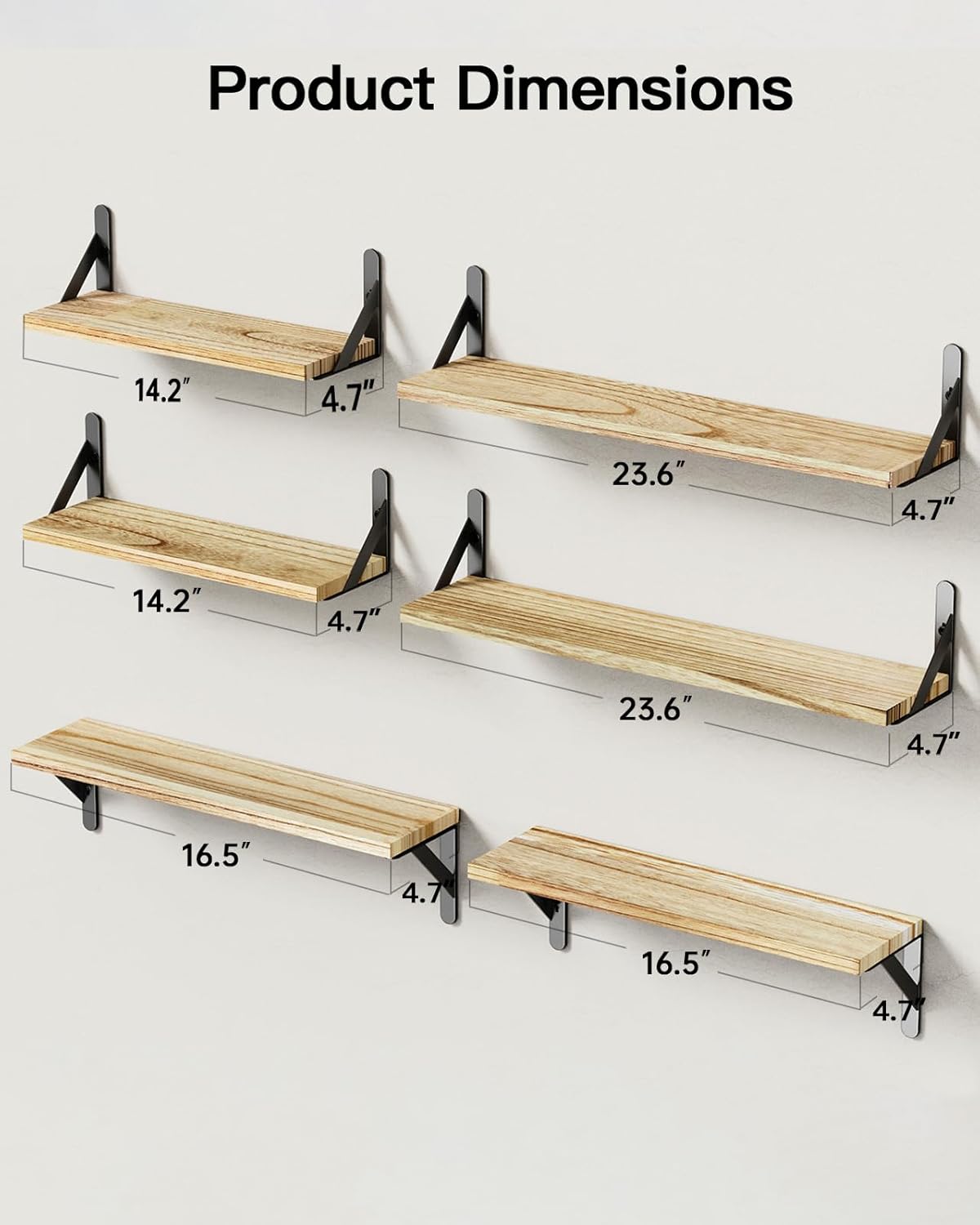 AMADA HOMEFURNISHING Long Wall Shelves, Rustic Farmhouse Style, Wood Floating Shelves for Wall Decor, Bathroom & Bedroom Storage, Living Room Book Shelves, 6pcs