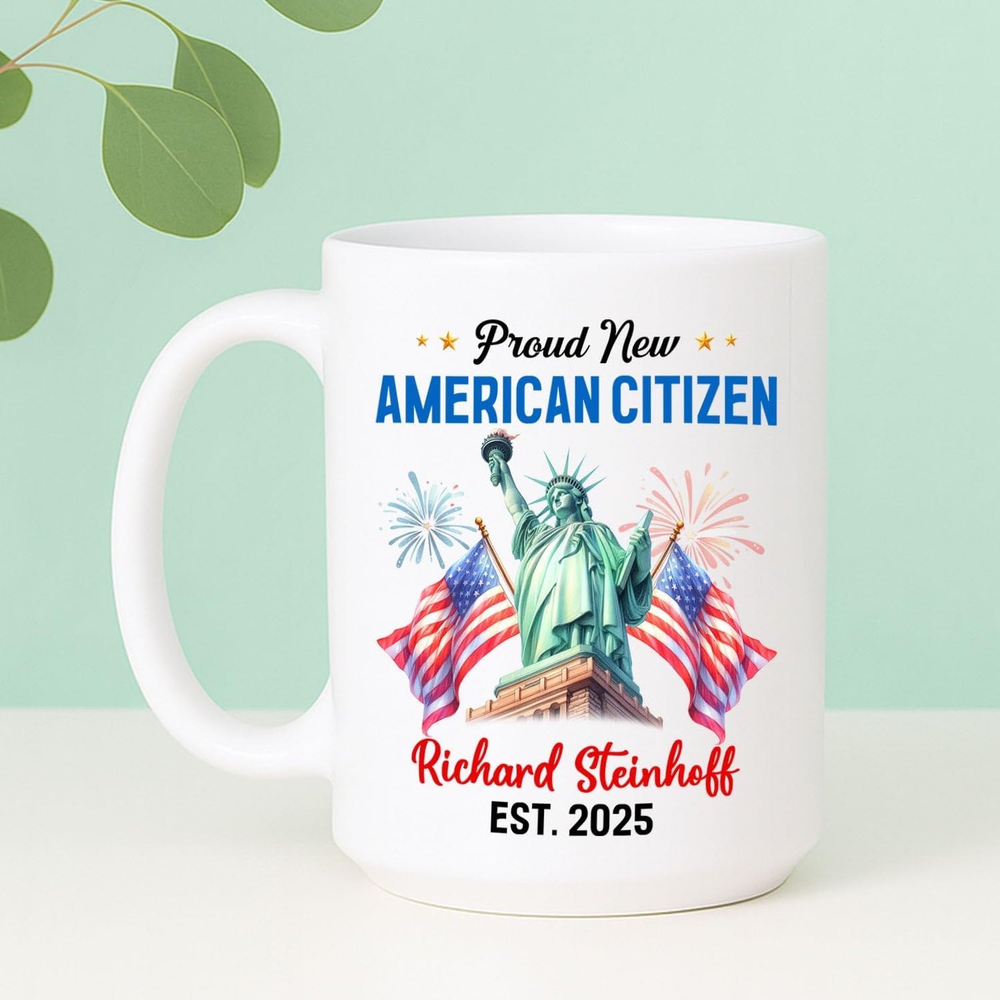 Proud New American Citizen Coffee Cup Gift For Daughter Son Dad Mom, Personalized Proud US Citizen White Coffee Mug With Year & Name, Customized Sunflower & USA Flag Mug, America Welcome Ceramic Cup