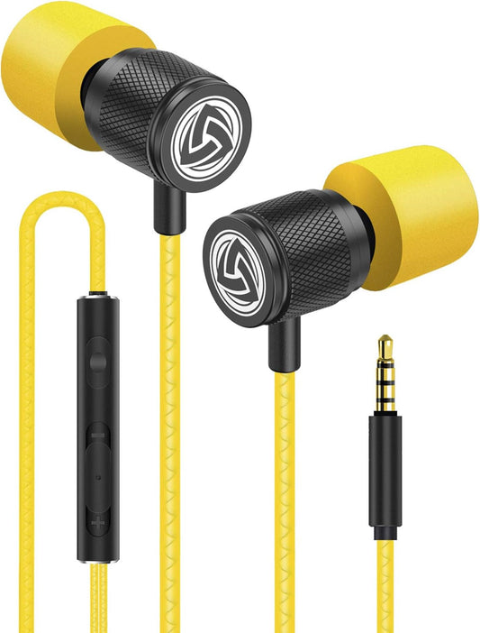 LUDOS Ultra Wired Earbuds in-Ear Headphones, 5 Years Warranty, Earphones with Microphone, Noise Isolating Ear Buds, Memory Foam for iPhone, Samsung, School Students, Kids, Women, Small Ears - Yellow