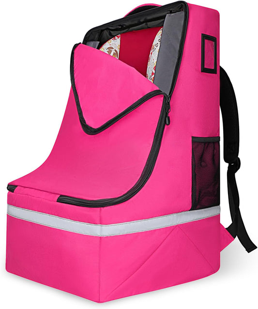 Car Seat Travel Bag for Airplane,Infant Seat Travel Bag with Shoulder Strap,Padded Car Seats Backpack with Reflective Stripes,Large Carseat Carrier Bag Travel Car Seat Cover,Pink
