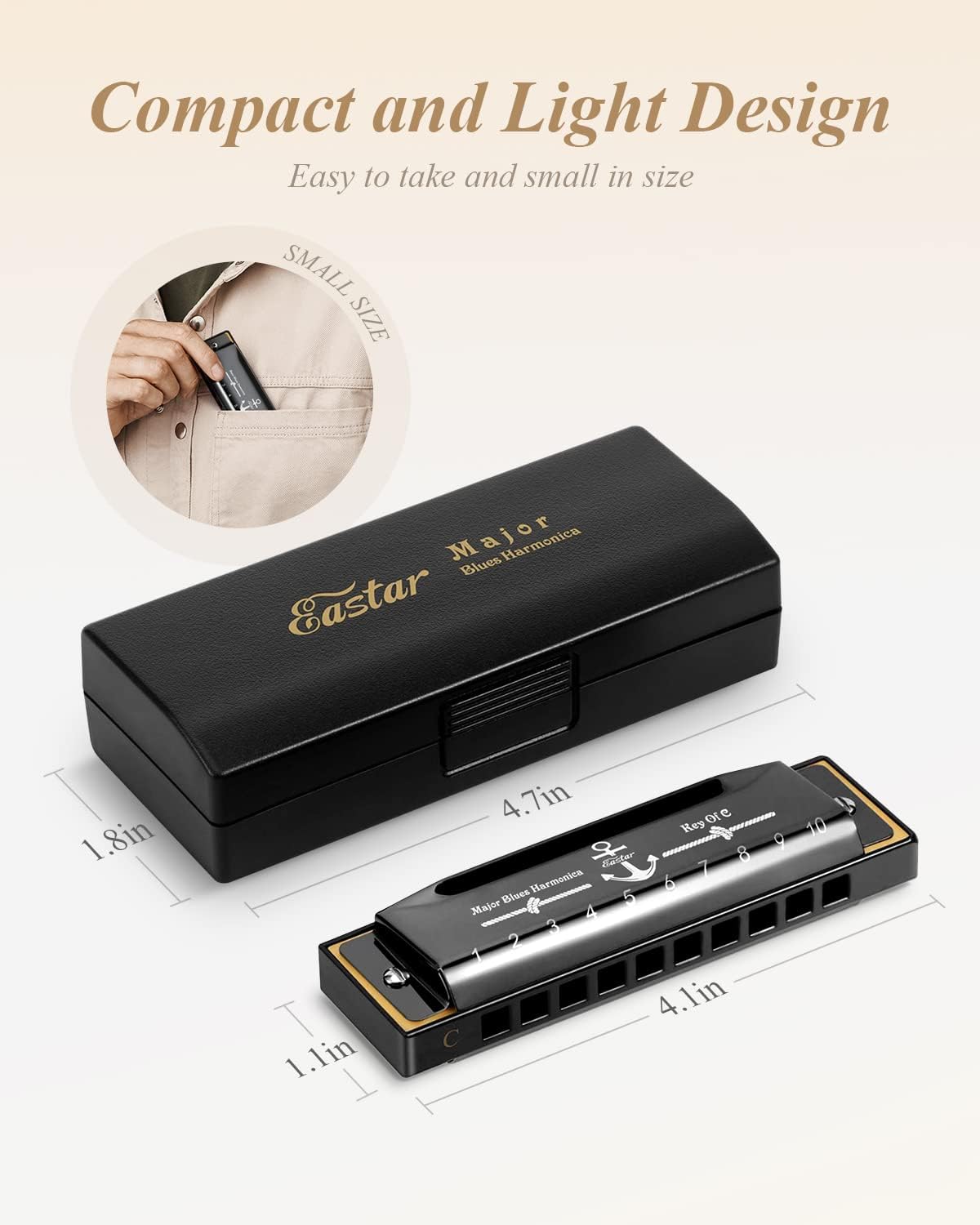Eastar Major Blues Harmonica, 10 Holes C Key Beginner for Kids Children Adults Students, with Hard Case and Cloth, Black
