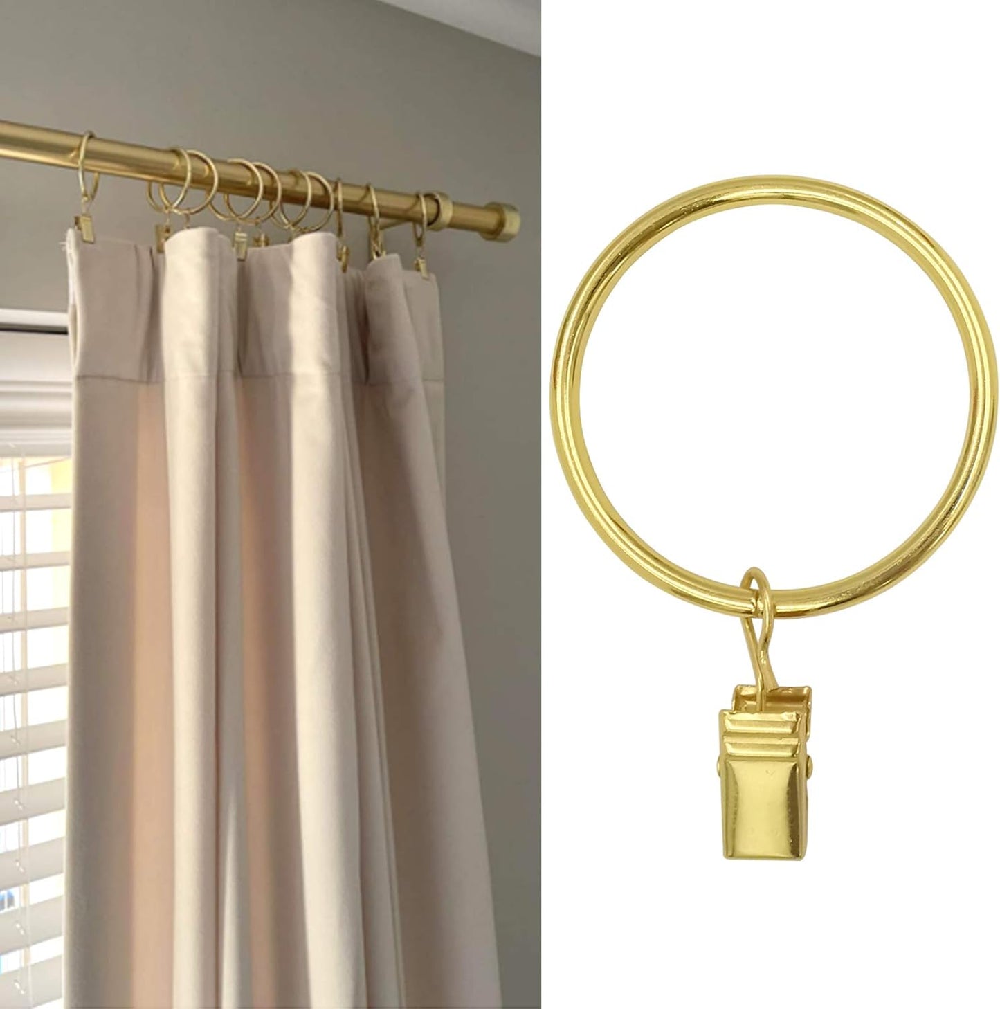 40 Pack Gold Curtain Rings with Clips, Curtain Hooks Hangers Clip Rings for Hanging Drapes Bows Hat, Drapery Rings 1.77 in I D, Fits up to 1.5 in Diameter Curtain Rod.
