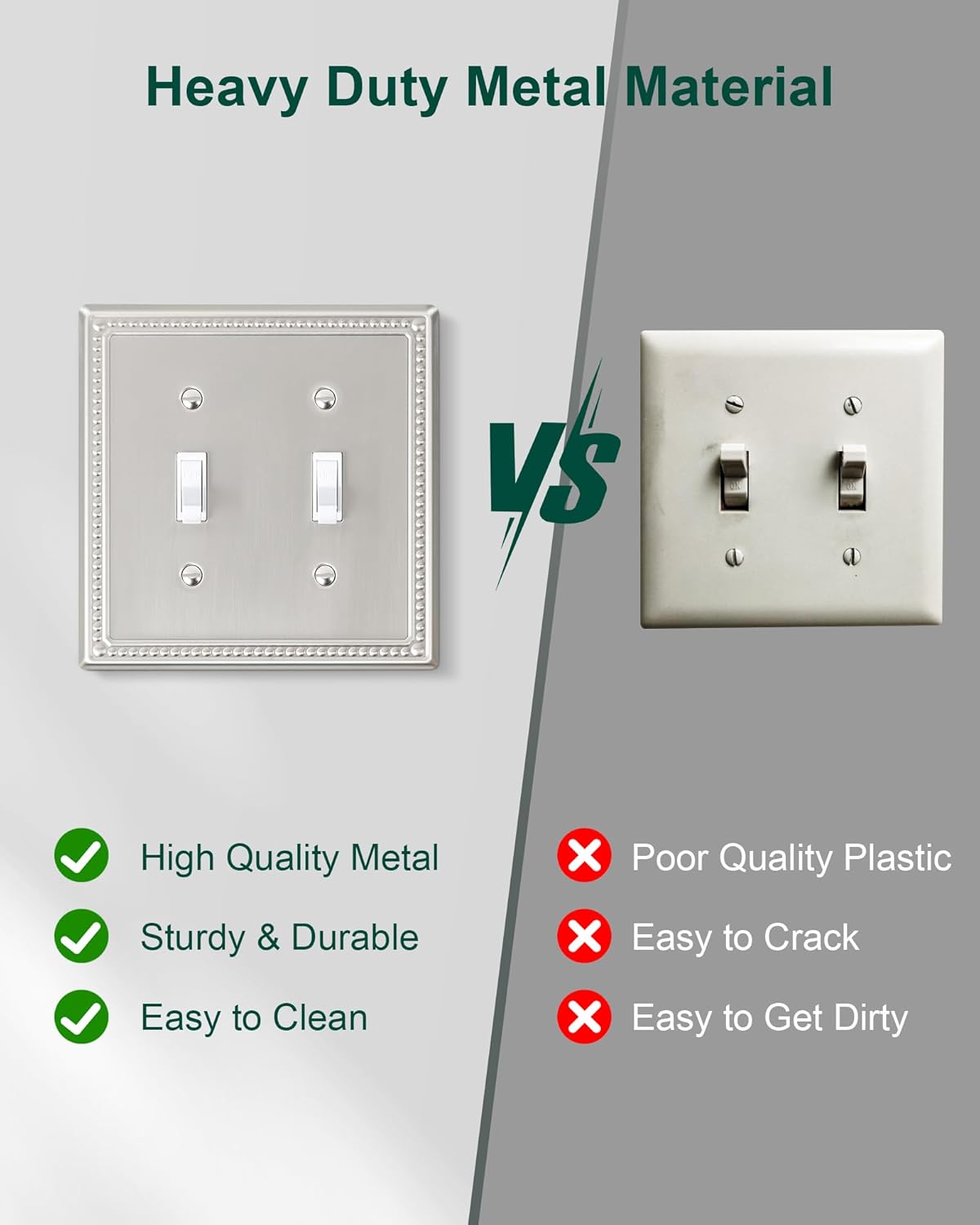 2-Pack Double Toggle Light Switch Cover Plate, Pearls Decorative Dual Switch Plate Covers, Brushed Nickel 2 Gang Metal Wall Plate, Corrosion Resistant