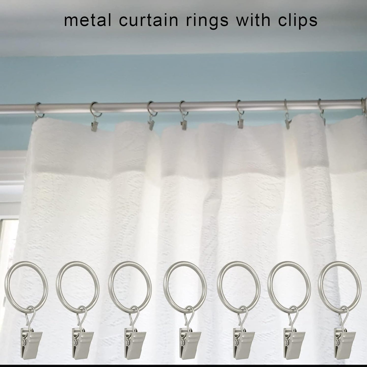 44 Pack Matte Silver Curtain Rings with Clips, Curtain Hooks Hangers Clip Rings for Hanging Drapes Bows Hat, Drapery Rings 1 in I D, Fits up to 5/8 in Diameter Curtain Rod.