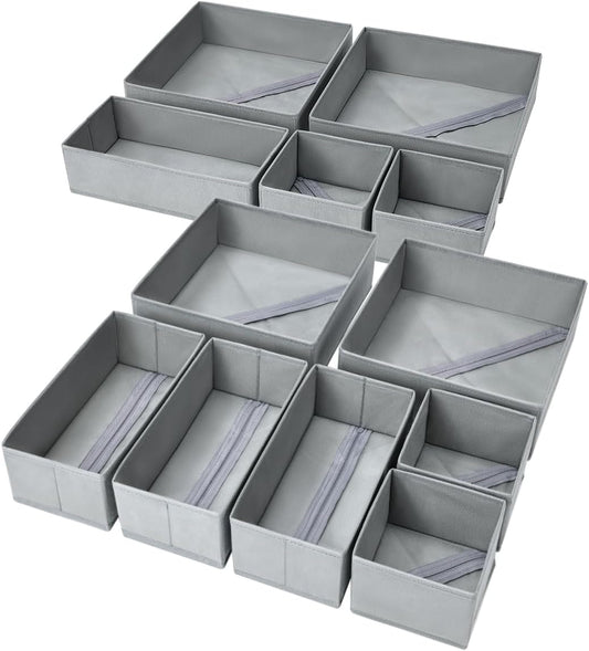 DIMJ Drawer Organizer Clothes, 12 Pack Dresser Organizer, Foldable Closet Organization and Storage Dividers, Fabric Dresser Drawer Organizers for Underwears, Nursery, Baby Clothes, Socks, Tie (Grey)