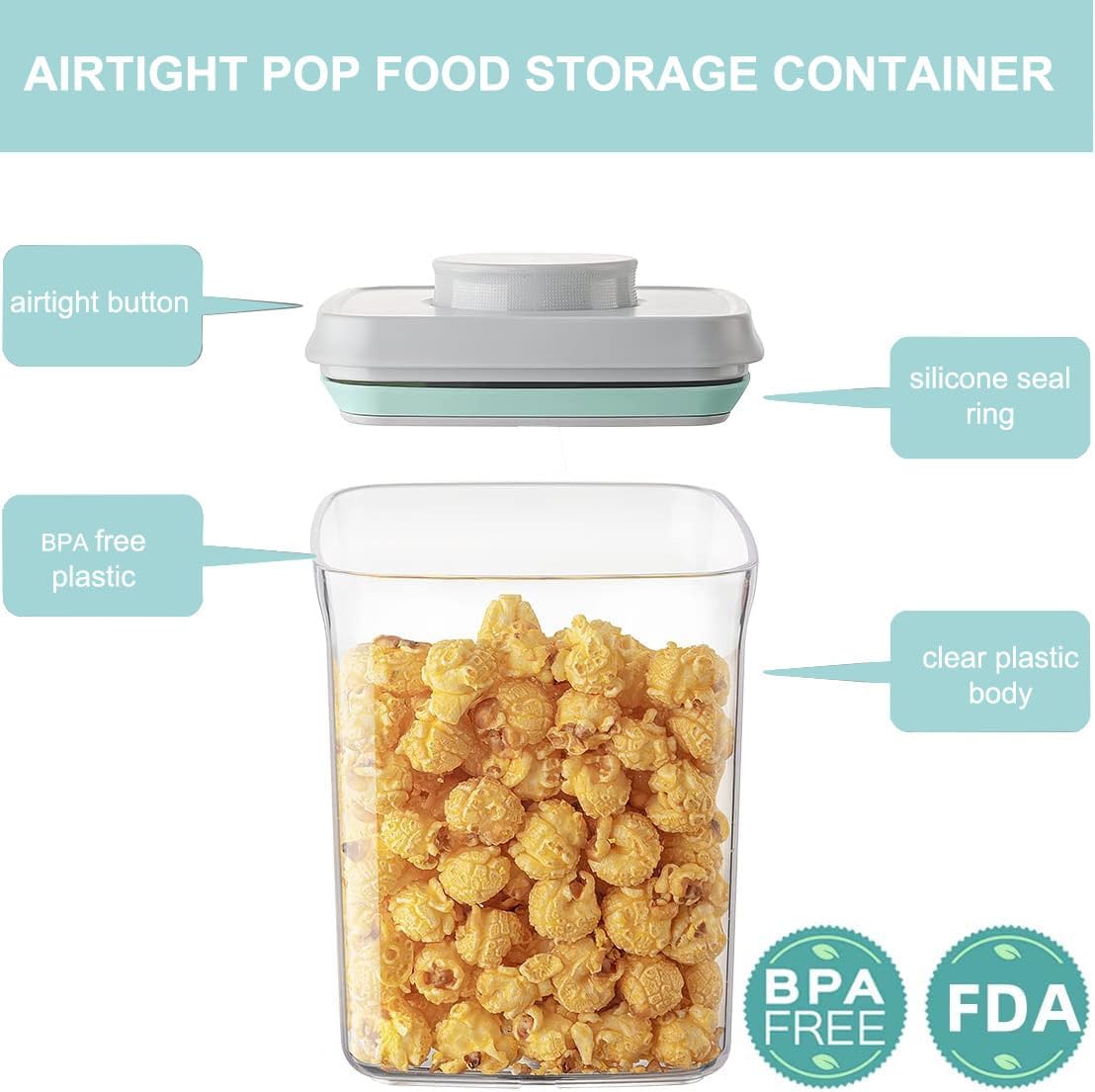 Airtight Food Storage Container - 2.1qt / 2050ml Rectangle Pop Containers With Lids, Bpa Free for Spaghetti Cereal Flour Rice Kitchen Organizer