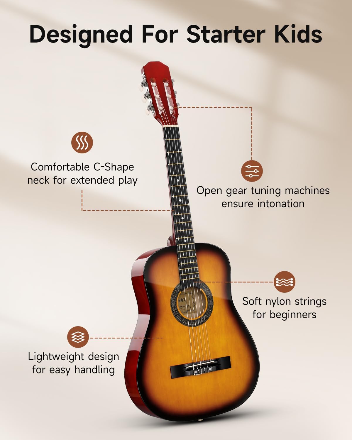 Moukey 38" Acoustic Guitar for Beginners Kids Youth Adult Dreadnought Guitarra Acustica Kit with Chord Poster, Gig Bag, Tuner, Picks, Nylon Strings, Capo, Strap - Sunburst