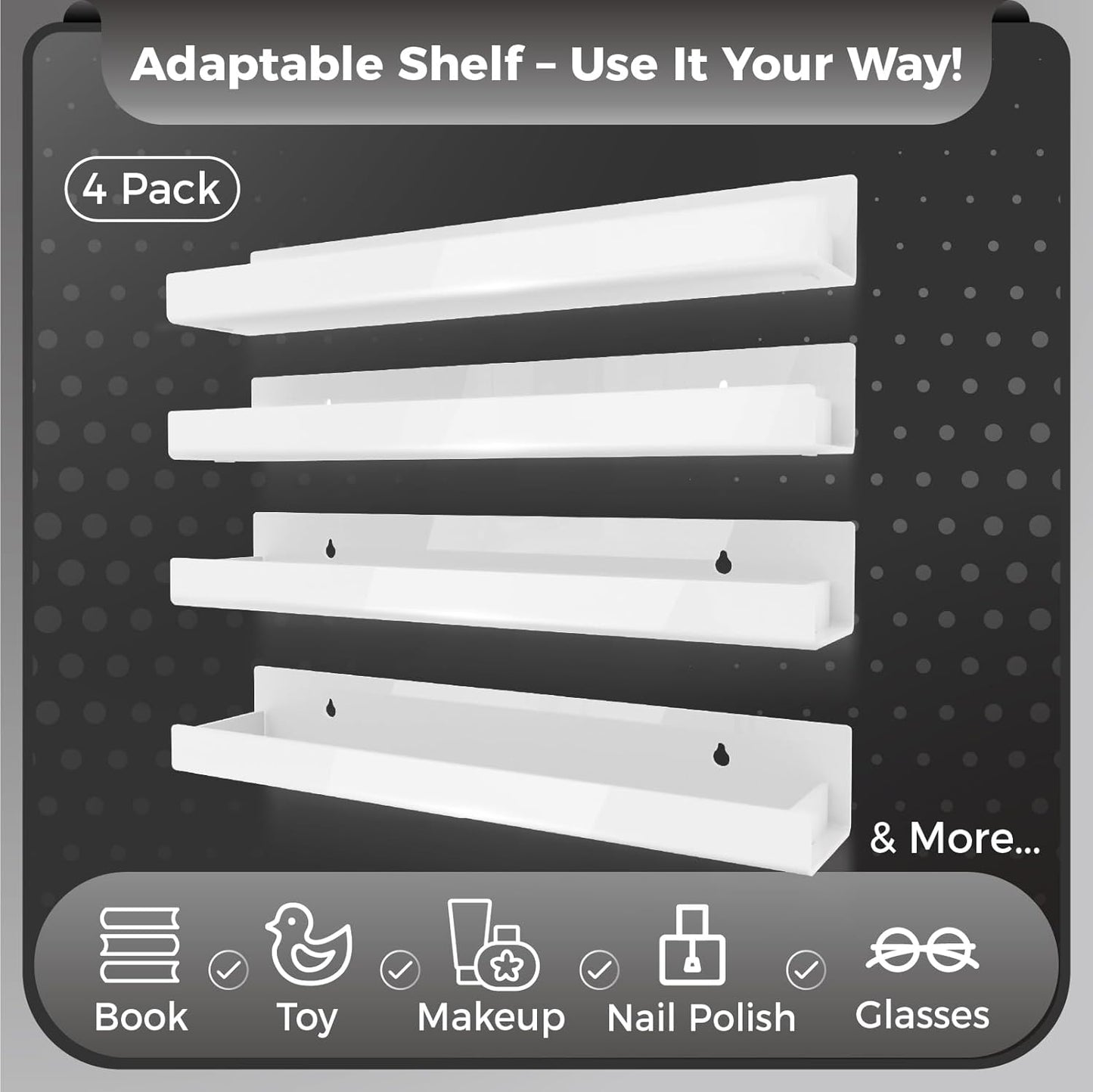 4 Pack 15 Inch Whtie Acrylic Shelves, Kids Floating Bookshelf for Kids Room, Modern Nail Polish Rack Sunglasses Essential Oil Picture Ledge Display Toy Storage Wall Shelf