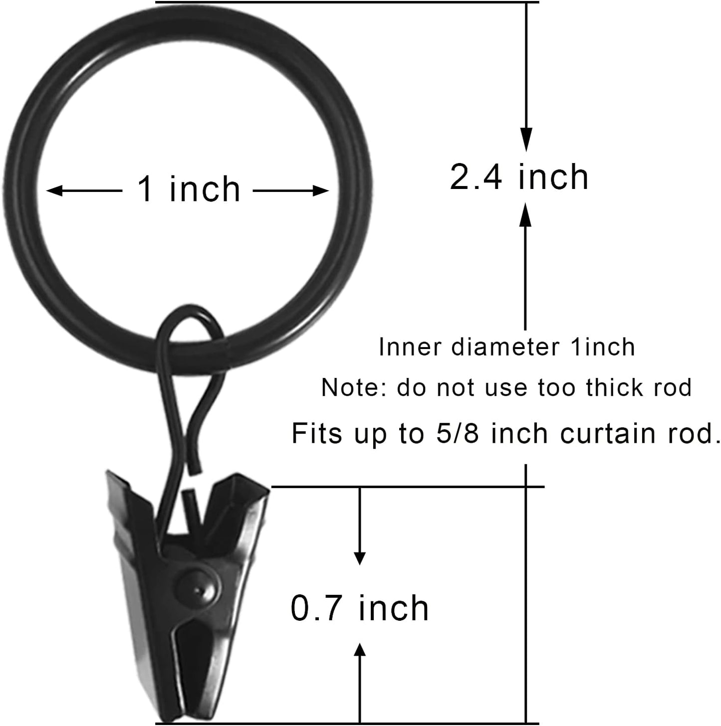 44 Pack Black Curtain Rings with Clips, Curtain Hooks Hangers Clip Rings for Hanging Drapes Bows Hat, Drapery Rings 1 in I D, Fits up to 5/8 in Diameter Curtain Rod.