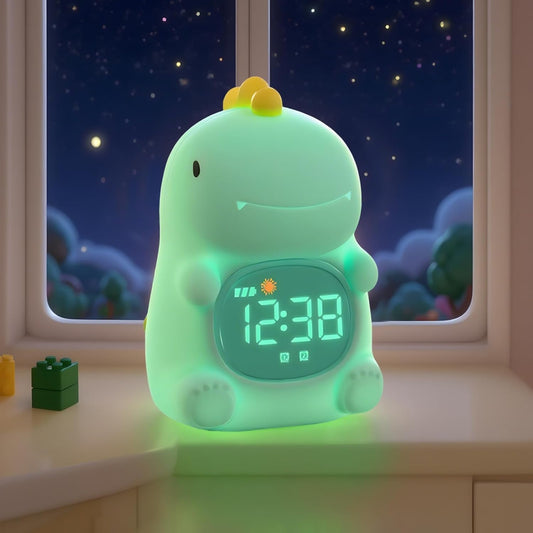 TCJJ Kids Sleep Training Alarm Clock with Night Light - OK to Wake Clock & Sound Machine, Rechargeable Silicone Animal Lamp for Boys Girls Bedroom (Dinosaurs)