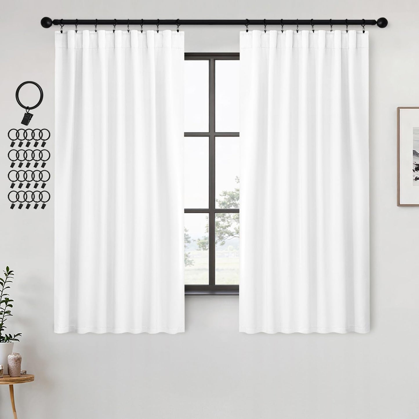 ANRODUO Back Tab Blackout Curtains for Bedroom Living Room, Rod Pocket Pinch Pleated Thermal Insulated Room Darkening Curtains 54 Inches Long 2 Panels, White, 42 x 54 Inch