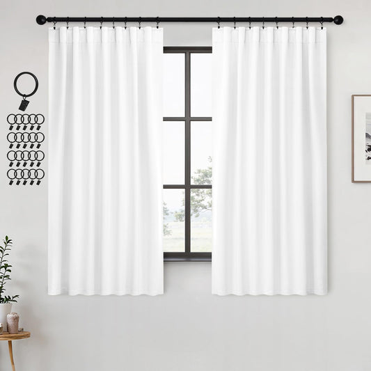 ANRODUO Back Tab Blackout Curtains for Bedroom Living Room, Rod Pocket Pinch Pleated Thermal Insulated Room Darkening Curtains 63 Inches Long 2 Panels, White, 42 x 63 Inch