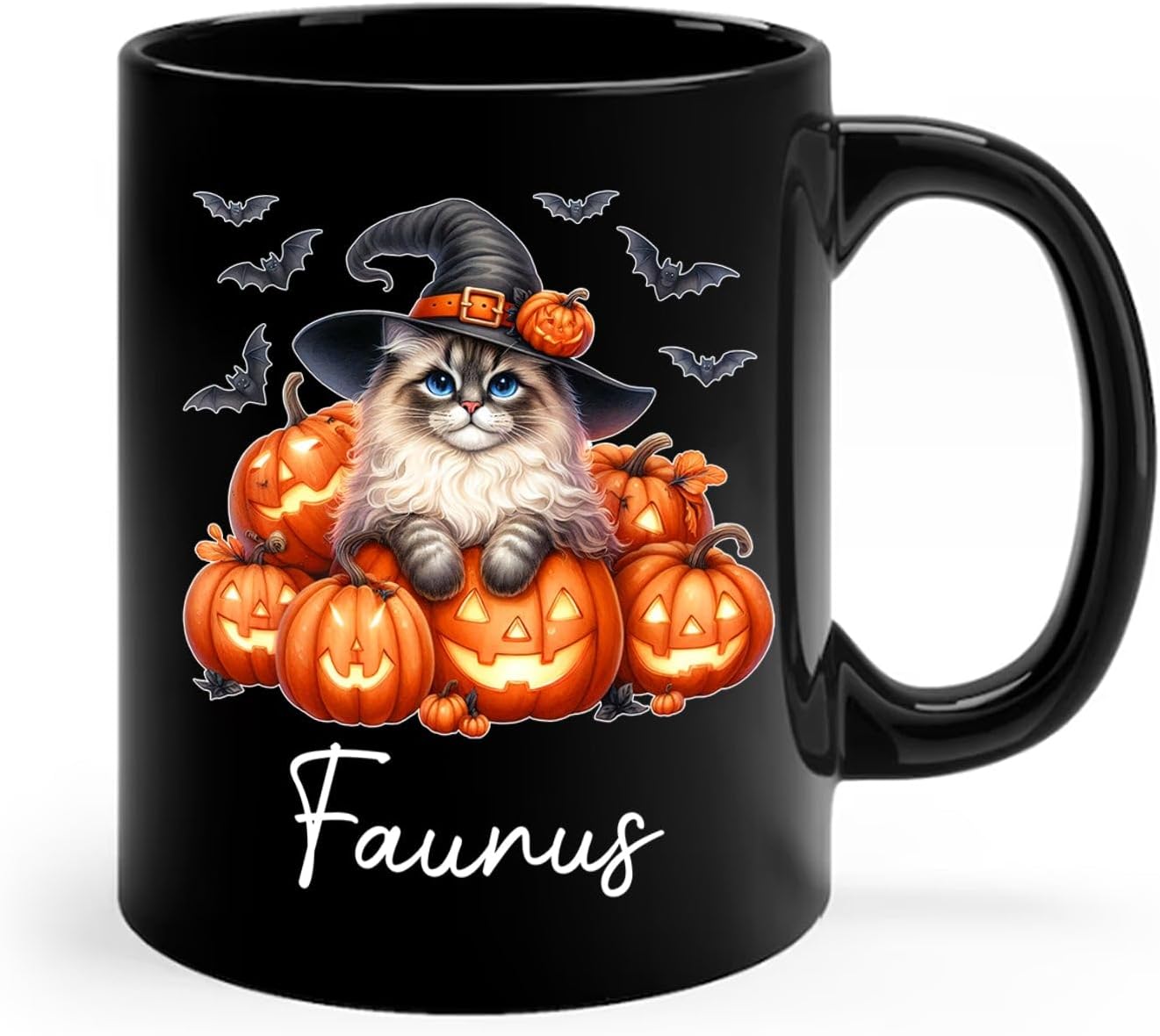 Personalized Ragdoll with Pumpkins Mug Gift for Halloween, Customized Name Ragdoll Witch Hat Coffee Cup, Unique Cat Breeds Ceramic Mug, Cat Dad Mom Halloween Cup, Black Tea Cups 11oz 15oz