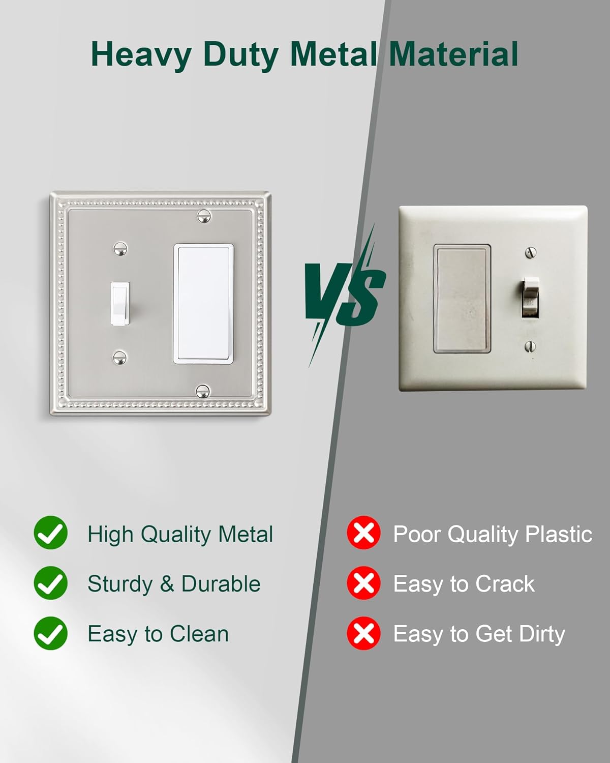 2-Pack Combo Toggle/Decorator Light Switch Cover Plate, Pearls Decorative Metal Wall Switch Plates and Outlet Covers, Brushed Nickel