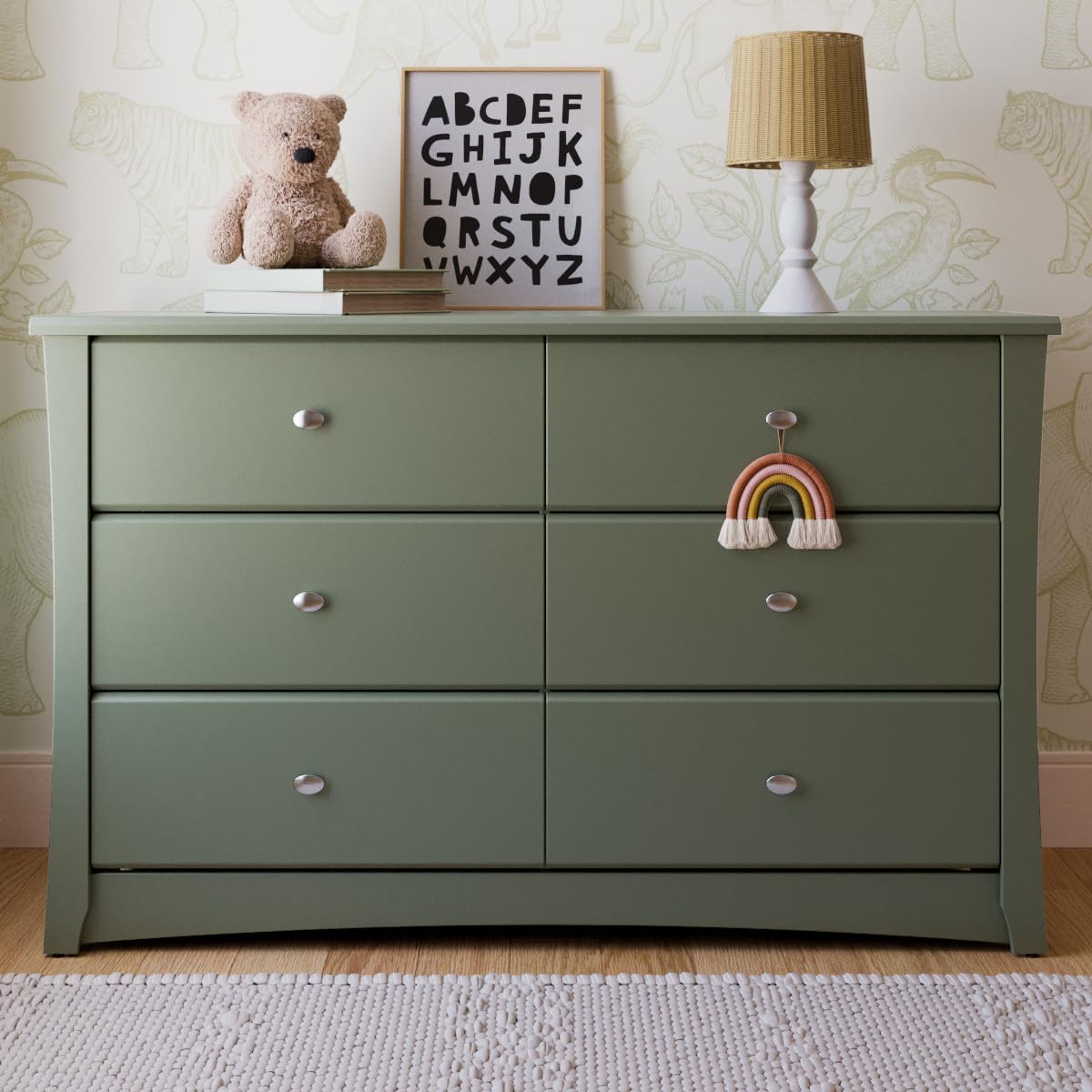 Storkcraft Crescent 6 Drawer Double Dresser (Olive) – GREENGUARD Gold Certified, Nursery Dresser for Kids Bedroom