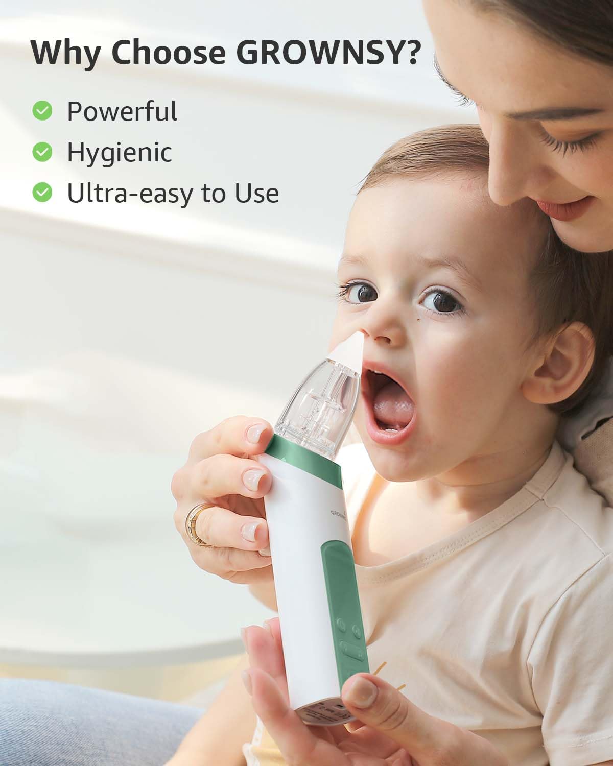 GROWNSY Nasal Aspirator for Baby, Electric Nose Aspirator for Toddler, Baby Nose Sucker, Automatic Nose Cleaner with 3 Silicone Tips, Adjustable Suctions, Music and Light Soothing Function (Green)