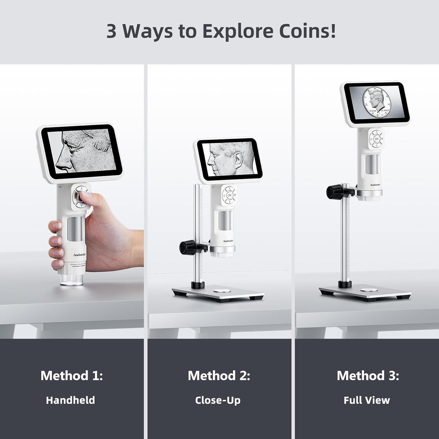 Andonstar Digital Microscope, 5" 1080P Coin Microscope Camera for Error Coin with 7.3" Metal Stand for Adults Kids, Handheld USB Coin Magnifier with 8 Adjustable LED Lights, Windows Mac PC View, AD115