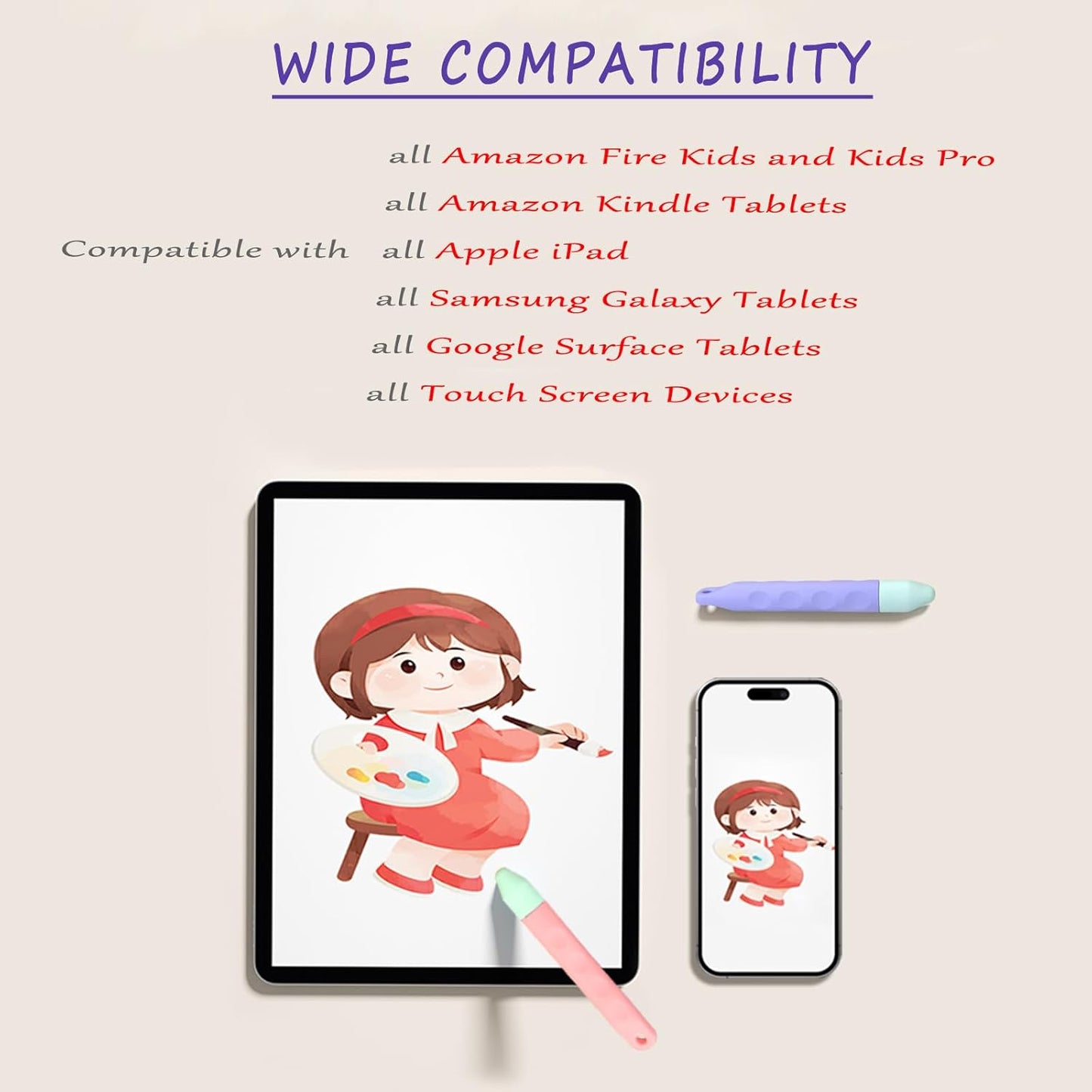 Kid-Friendly Tablet Stylus with Tether, 2 Pack of Pink and Purple Kids Stylus Pen for iPad, Fire Tablet, All AMZ Fire Kids and Kids Pro, Sufface Tablets, Samsung Tablets and All Touch Screen Devices