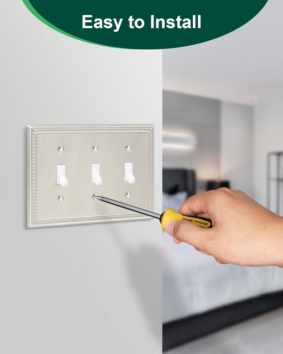 2-Pack Triple Toggle Light Switch Cover Plate, Pearls Decorative Switch Plate Covers, Brushed Nickel 3 Gang Metal Wall Plate