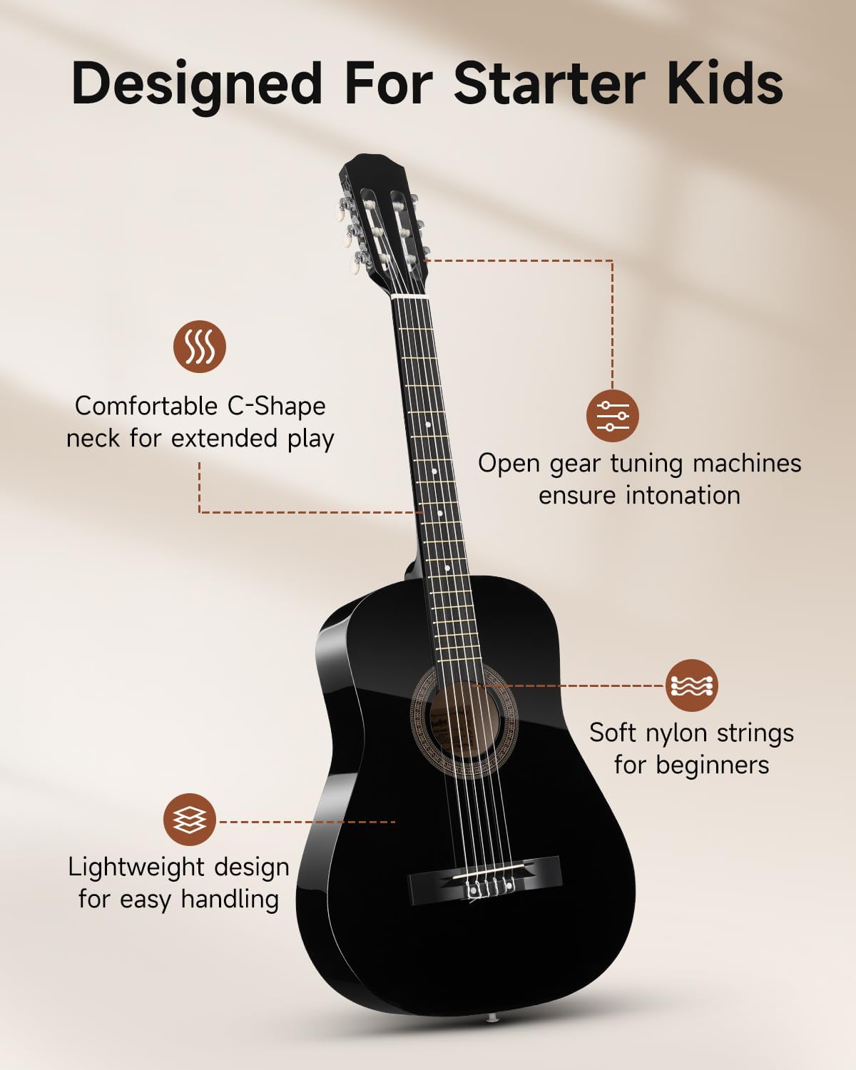 Moukey 38" Acoustic Guitar for Beginners Kids Youth Adult Dreadnought Guitarra Acustica Kit with Chord Poster, Gig Bag, Tuner, Picks, Nylon Strings, Capo, Strap - Black
