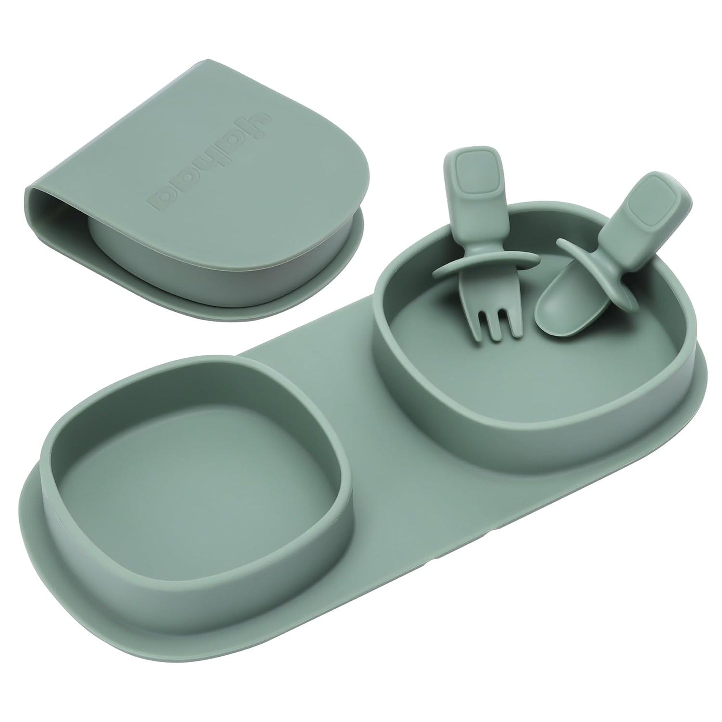 Silicone Foldable Novelty Dinner Plates,Baby Plates Travel Essential with Forks and Spoons,Microwave & Dishwasher Safe,Sage