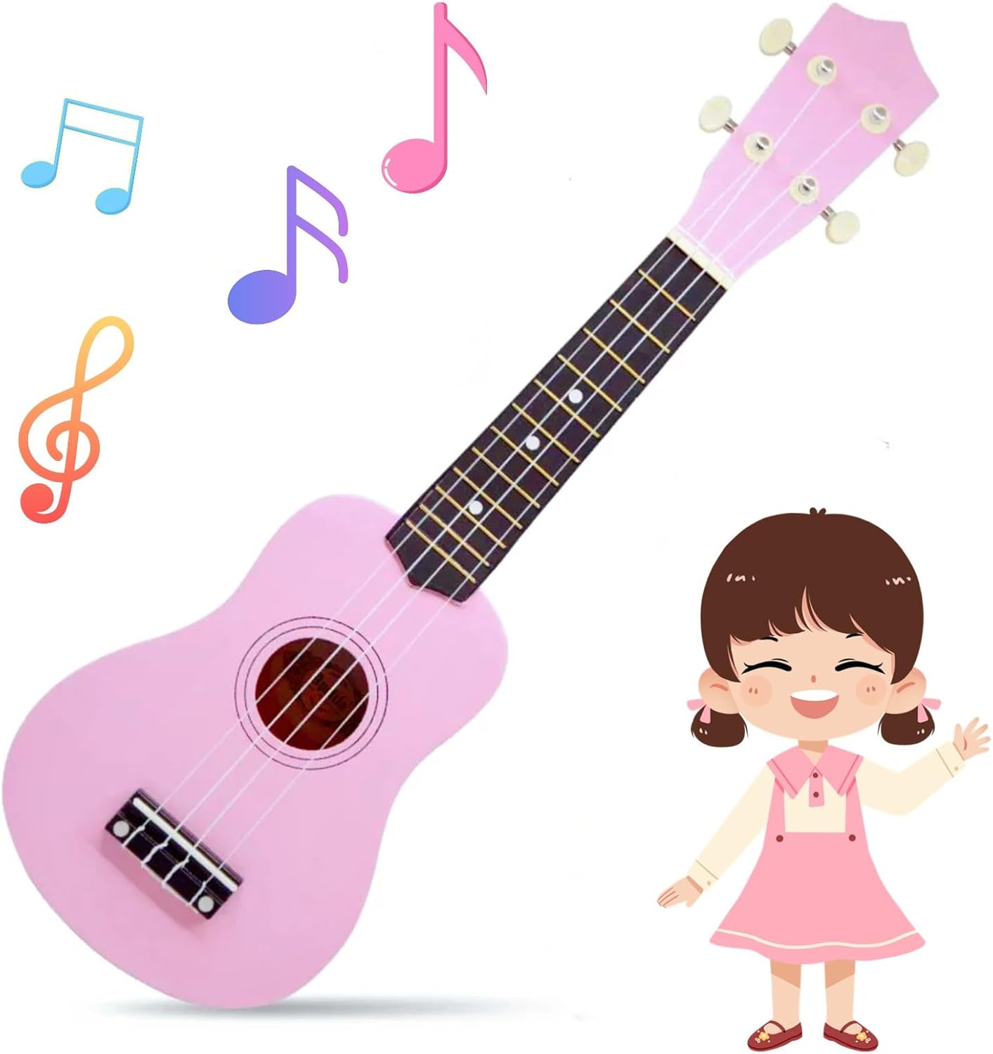 Kids Child Children Wooden Acoustic Guitar Ukulele 21 Inch 4 String Musical Instruments Perfect For Beginner (Pink)