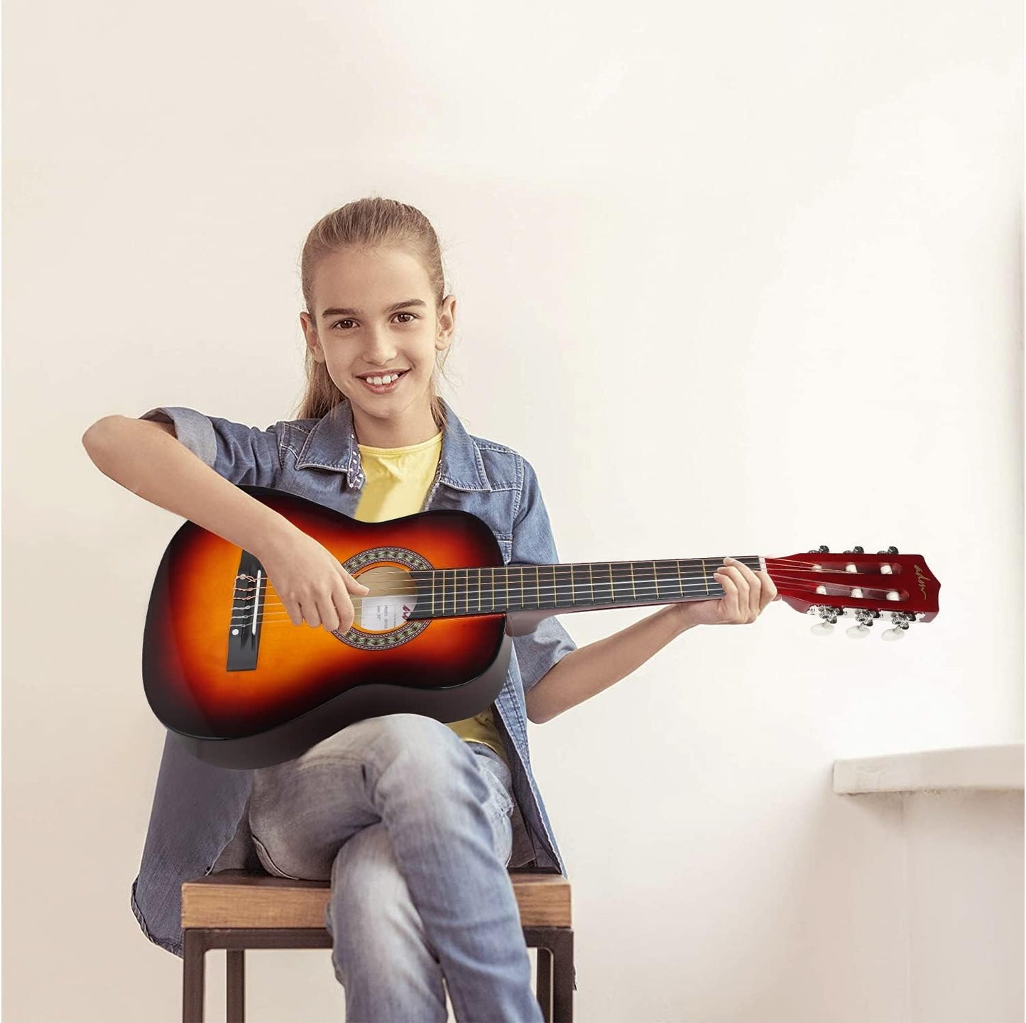 ADM Beginner Acoustic Classical Guitar 30 Inch Nylon Strings Wooden Guitar Bundle Kit for Kid Boy Girl Student Youth Guitarra Online Lessons with Gig Bag, Strap, Tuner, Extra String,Pick,Sunbrust 1